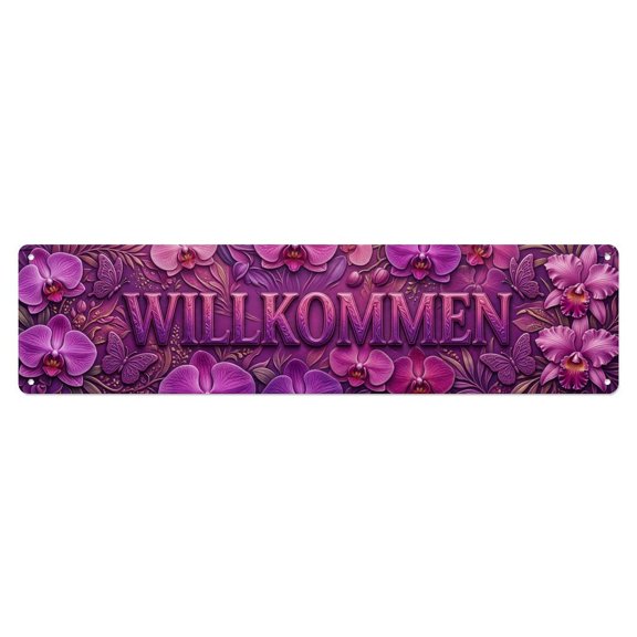 Orchid Purple Exotic Floral Welcome Vintage Metal Tin Sign Plaque Wall Decor for Cafe, Club, Garden Metal Poster 4x16Inch