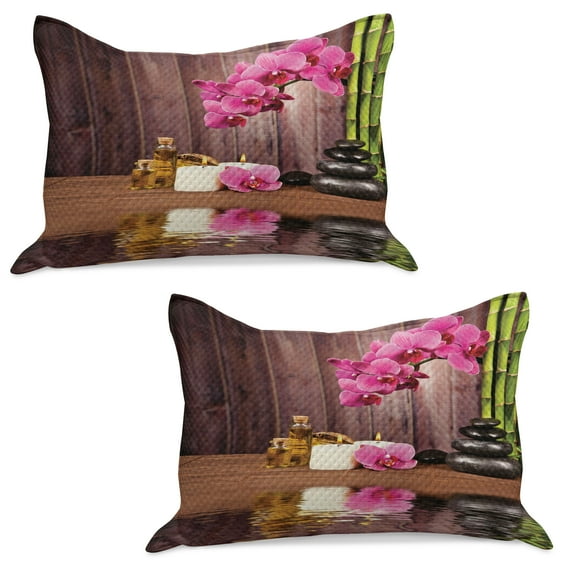 Orchid Knitted Quilt Pillowcover Set of 2, Modern Chill Vibes Boho Stones and Flower with Candles and Water Photo Print, Standard Queen Pillow Sham Bedroom, 30" x 20", Umber Green Pink, by Ambesonne