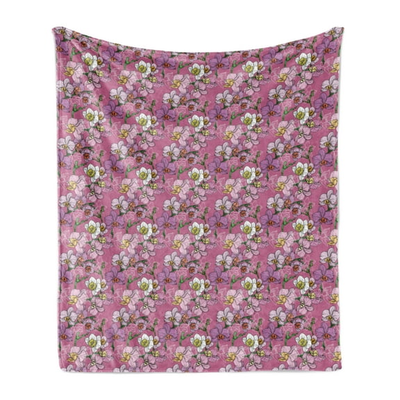 Orchid Soft Flannel Fleece Throw Blanket, Feminine Floral Pattern with Abstract Colorful Romantic Flowers, Cozy Plush for Indoor and Outdoor Use, 50" x 60", Pale Fuchsia and Multicolor, by Ambesonne