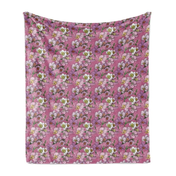 Orchid Soft Flannel Fleece Throw Blanket, Feminine Floral Pattern with Abstract Colorful Romantic Flowers, Cozy Plush for Indoor and Outdoor Use, 60" x 80", Pale Fuchsia and Multicolor, by Ambesonne