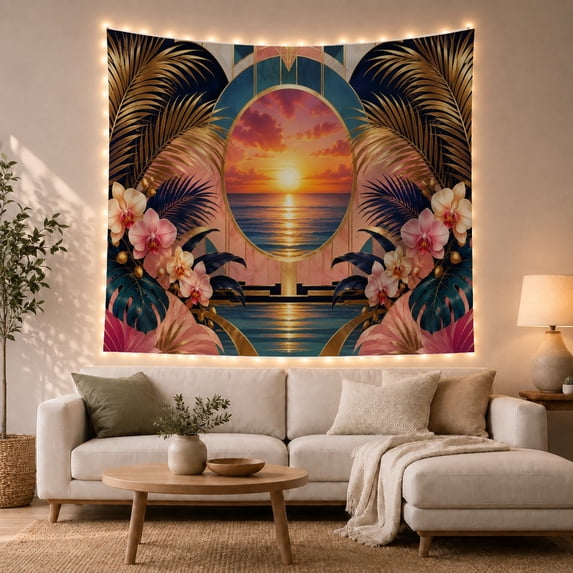 Orchid Sunset Inside an Ornate Ocean Frame, Serene Art Deco for Beach Lovers, Tropical Home Decor, Housewarming Gift, Tapestry Wall Hanging for Bedroom and Living Room