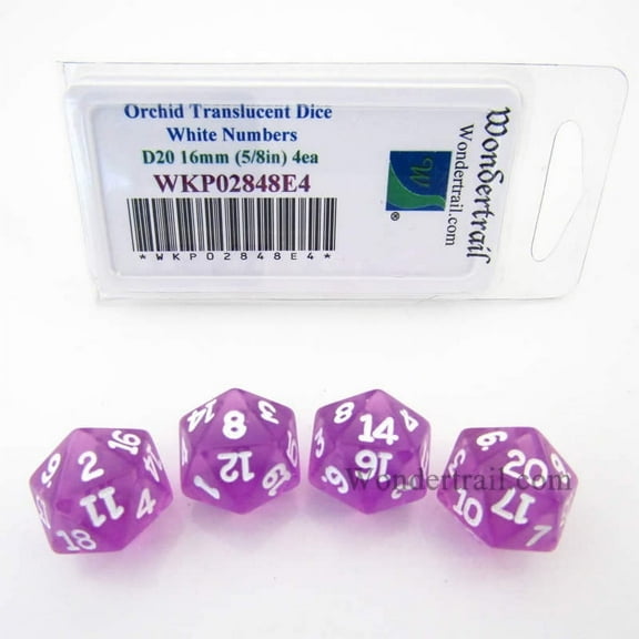 Orchid Transparent Dice with White Numbers D20 16mm (5/8in) Pack of 4 Wondertrail