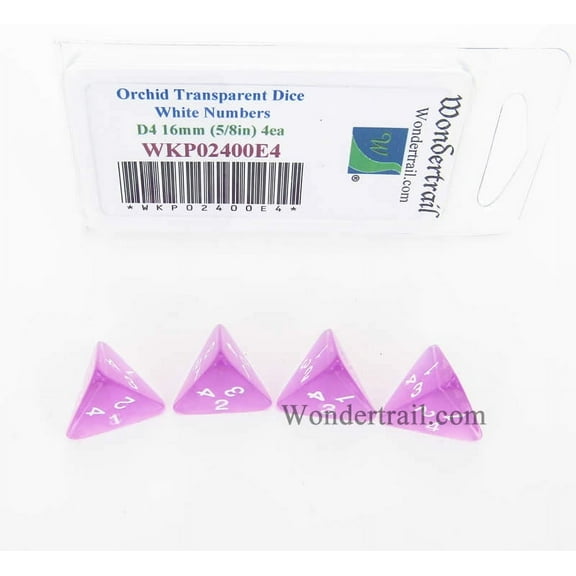 Orchid Transparent Dice with White Numbers D4 16mm (5/8in) Pack of 4 Wondertrail
