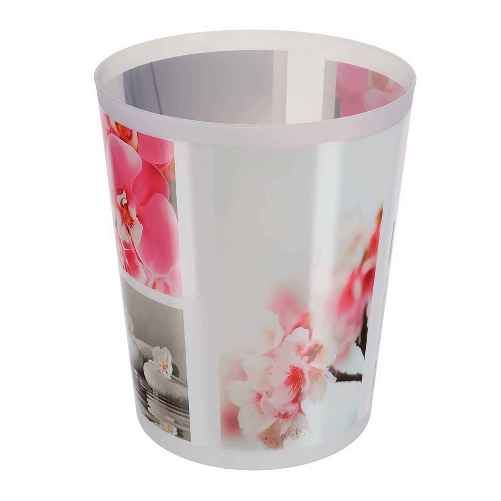 Floral Zen Garden Gray and Pink Plastic Waste Basket