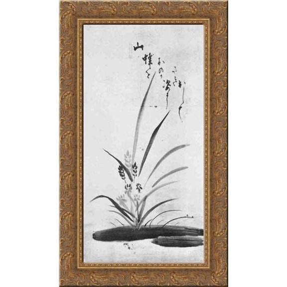 Orchid and Bee 24x14 Gold Ornate Wood Framed Canvas Art by Hakuin Ekaku