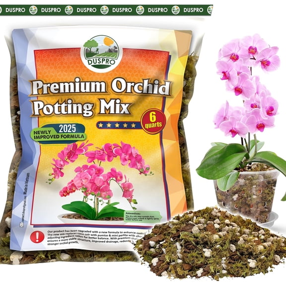 Orchid pot mixture, used for orchid repotting, contains forest moss and pine bark