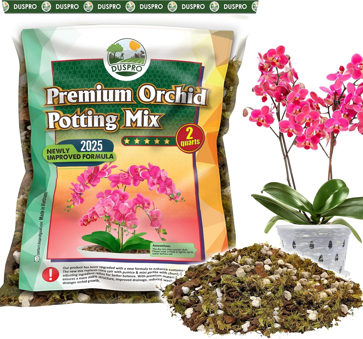 Orchid pot mixture, used for orchid repotting, contains forest moss and pine bark