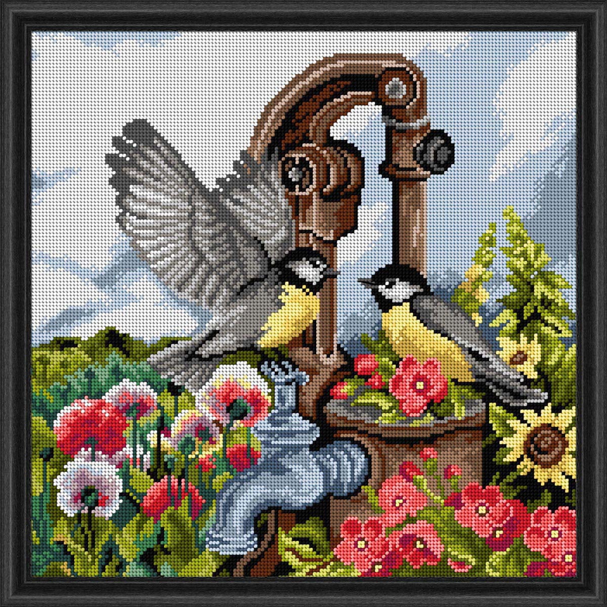 Gobelin canvas for halfstitch without yarn Birds at the Hand Pump