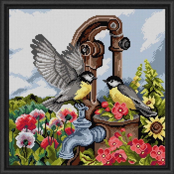 Wizardi Gobelin Canvas for halfstitch Without Yarn Birds at The Hand Pump 3432L Orchidea