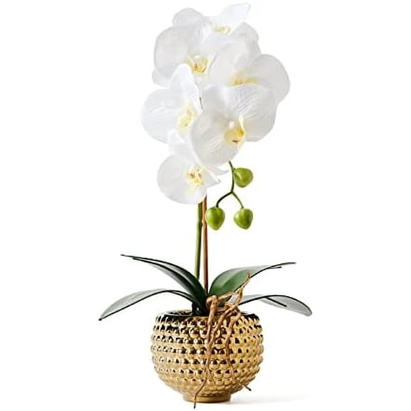 Orchids Artificial Flowers, 15" Faux Orchid in Gold Flower Pot Real Touch Flowers in Pot Large Flower Arrangements Artificial Centerpiece for Home Living Room Bathroom Kitchen Decoration (White)