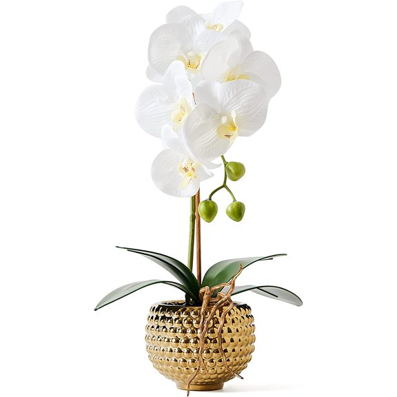 Orchids Artificial Flowers, 15" Faux Orchid in Gold Flower Pot Real Touch Flowers in Pot Large Flower Arrangements Artificial Centerpiece for Home Living Room Bathroom Kitchen Decoration (White)