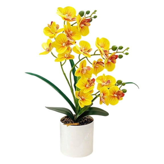 Orchids Artificial Flowers - 16x4" Yellow Faux Orchid Flowers with Silver Vase for Home Coffee Table Bathroom Office Kitchen Decor