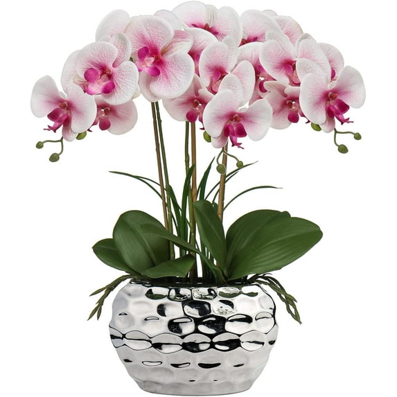 Orchids Artificial Flowers 18" Pink Phalaenopsis Large Orchid Flowers with Silver Ceramic Pots Real Touch Faux Orchid Arrangement for Home Office Bathroom Living Room Table Decoration