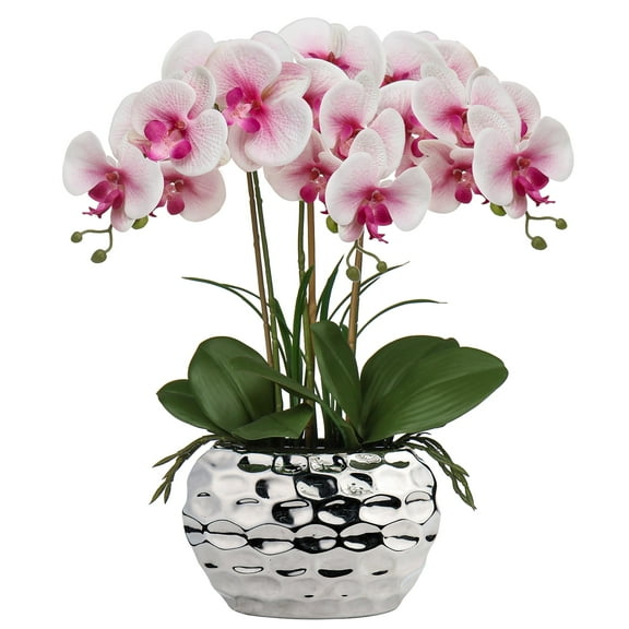 Orchids Artificial Flowers 18" Pink Phalaenopsis Large Orchid Flowers with Silver Ceramic Pots Real Touch Silk Faux Orchid Arrangement for Home Office Bathroom Living Room Table Decoration