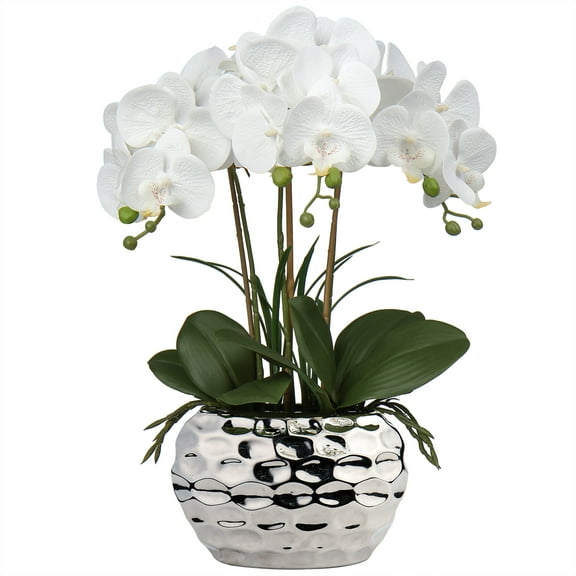 Orchids Artificial Flowers 18" White Phalaenopsis Large Orchid with Silver Ceramic Pots Silk Faux Orchid Arrangement for Home Office Bathroom Living Room Table Decoration