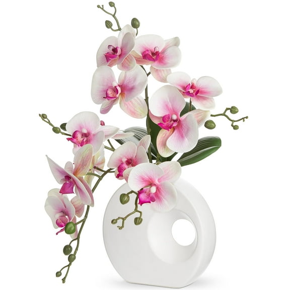 Briful 15.7" Artificial Orchid Flowers Pink Faux Flowers Real Touch Silk Flower Arrangements with Ceramic Vase for Home Office Wedding Party Table Centerpiece Decor