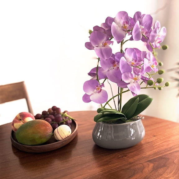 Orchids Artificial Flowers with Gray Vase Faux Orchid Phalaenopsis Arrangements for Kitchen Table Centerpiece Home Decoration Indoor(3.54" D x 7.87" W x 20" H)
