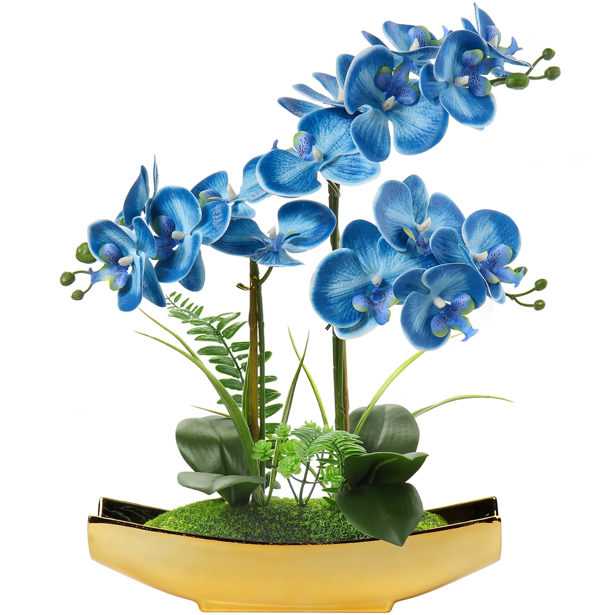 15" Artificial Blue Phalaenopsis Orchid  with Gold Boat Pots Home Decoration