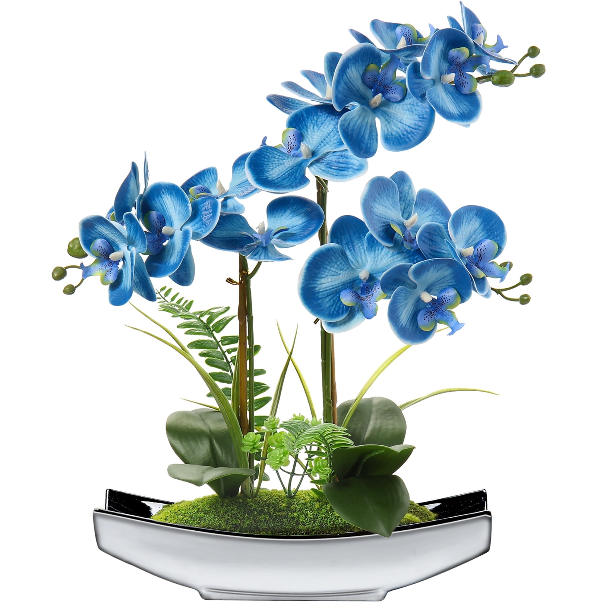 Orchids Artificial Flowers Potted 15" Blue Phalaenopsis Orchid with Silver Boat Pots Home Decoration