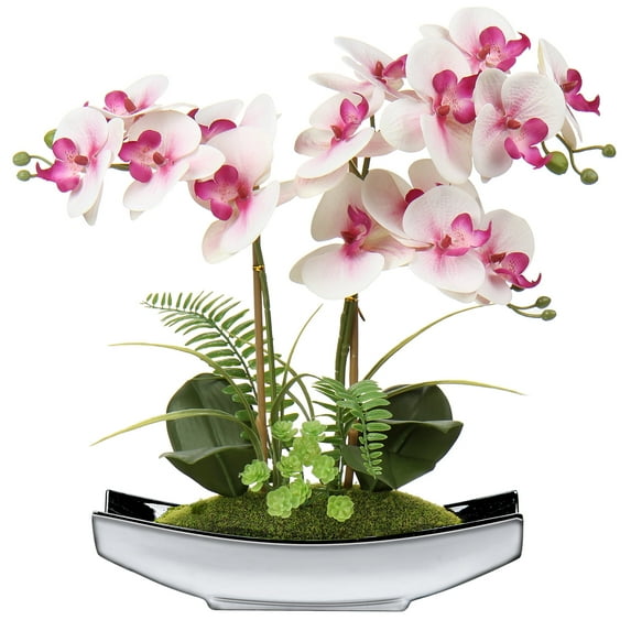 Orchids Artificial Flowers Potted 15" Light Pink Phalaenopsis Orchid with Silver Boat Pots Home Decoration