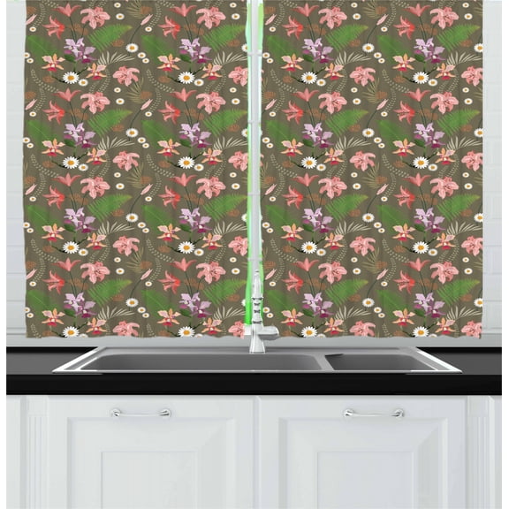 Orchids Curtains 2 Panels Set, Hummingbird with Dendrobiums Wild Branch Jungle Rainforest Monstera Leaf Pattern, Window Drapes for Living Room Bedroom, 55W X 39L Inches, Multicolor, by Ambesonne