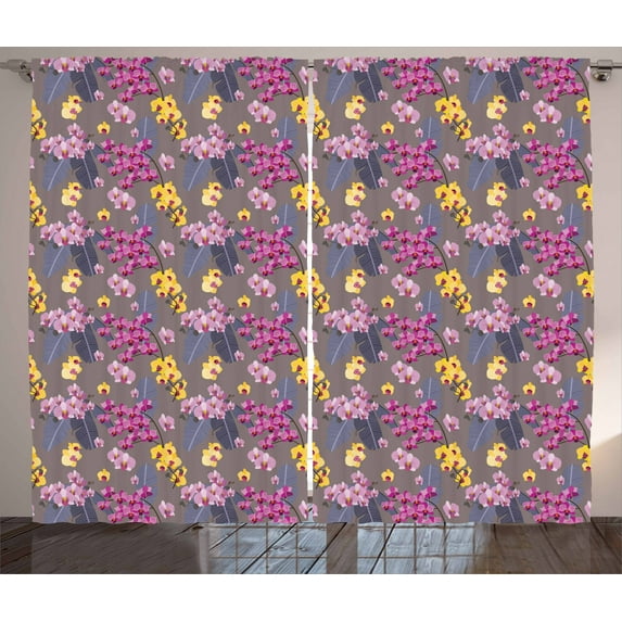 Orchids Curtains 2 Panels Set, Wild Tropical Blossom Figures Romantic Exotic Leaves in Pastel Watercolor, Window Drapes for Living Room Bedroom, 108W X 84L Inches, Purple Cream Lilac, by Ambesonne