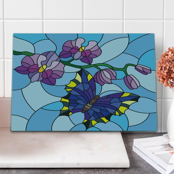 Orchids Cutting Board, Mosaic Fractal Style Blooms with Butterfly Pastel Cartoon Pattern, Decorative Tempered Glass Cutting and Serving Board, in 3 Sizes, by Ambesonne
