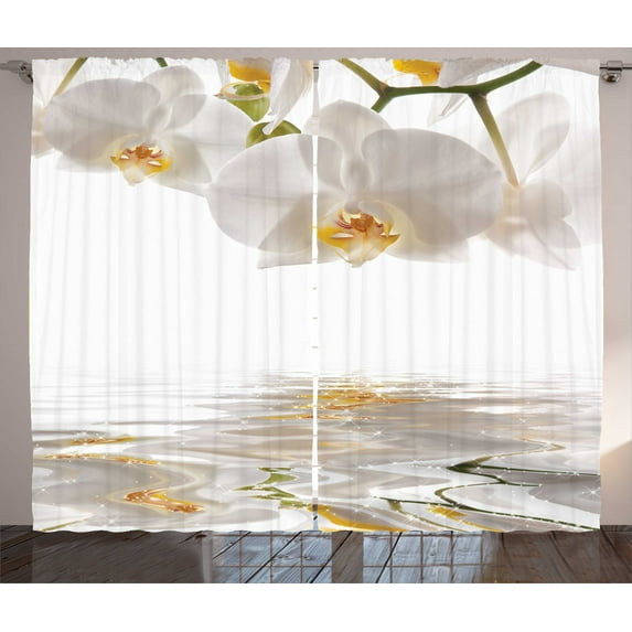 Ambesonne Flower Curtains 2 Panel Set, Orchids on Rippling Water, 108" x 90", Off White Orange