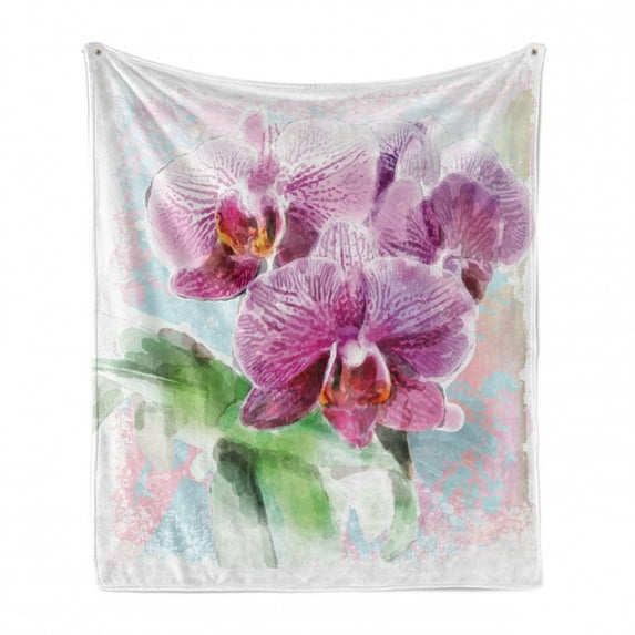 Orchids Soft Flannel Fleece Blanket, Floriculture Themed Design with a Posy of Hawaiian Gardening Plant in Watercolors, Cozy Plush for Indoor and Outdoor Use, 50" x 70", Multicolor, by Ambesonne