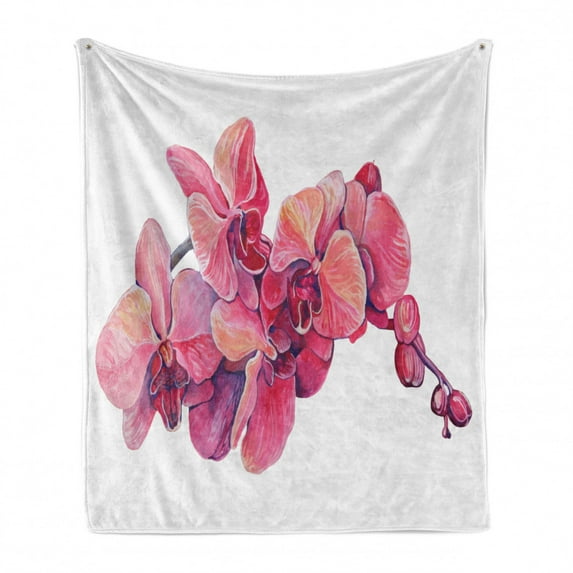 Orchids Soft Flannel Fleece Throw Blanket, Close-up of Pink Orchid Flowers on a Branch in Blossom, Cozy Plush for Indoor and Outdoor Use, 50" x 70", Dark Coral Peach, by Ambesonne