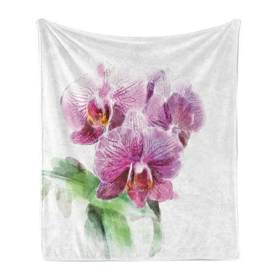 Orchids Soft Flannel Fleece Throw Blanket, Floristry Themed Artwork with a Posy of Orchids in Pink Shades and Green Leaves, Cozy Plush for Indoor and Outdoor Use, 50" x 60", Multicolor, by Ambesonne