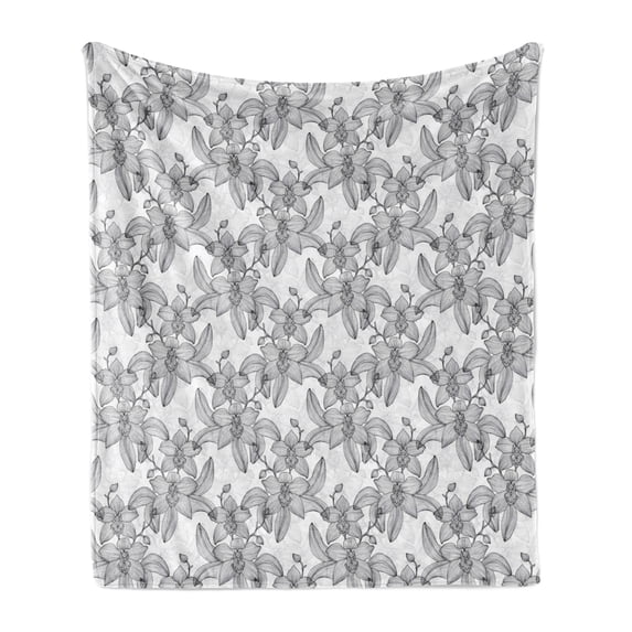 Orchids Soft Flannel Fleece Throw Blanket, Monochrome Art Hand Drawing Style Brazilian Jungle Plants with Little Buds, Cozy Plush for Indoor and Outdoor Use, 70" x 90", Black and White, by Ambesonne