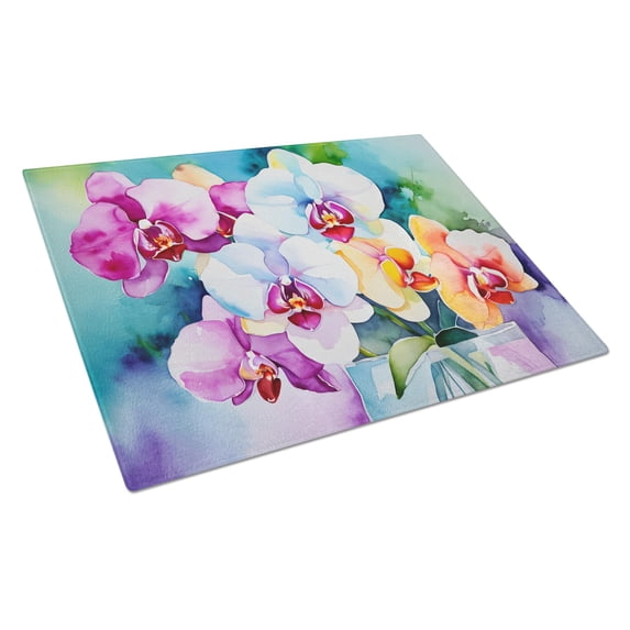 Orchids in Watercolor Glass Cutting Board Large 12 in x 15 in