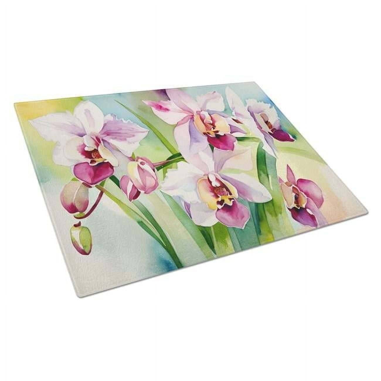 Orchids in Watercolor Glass Cutting Board Large 12 in x 15 in