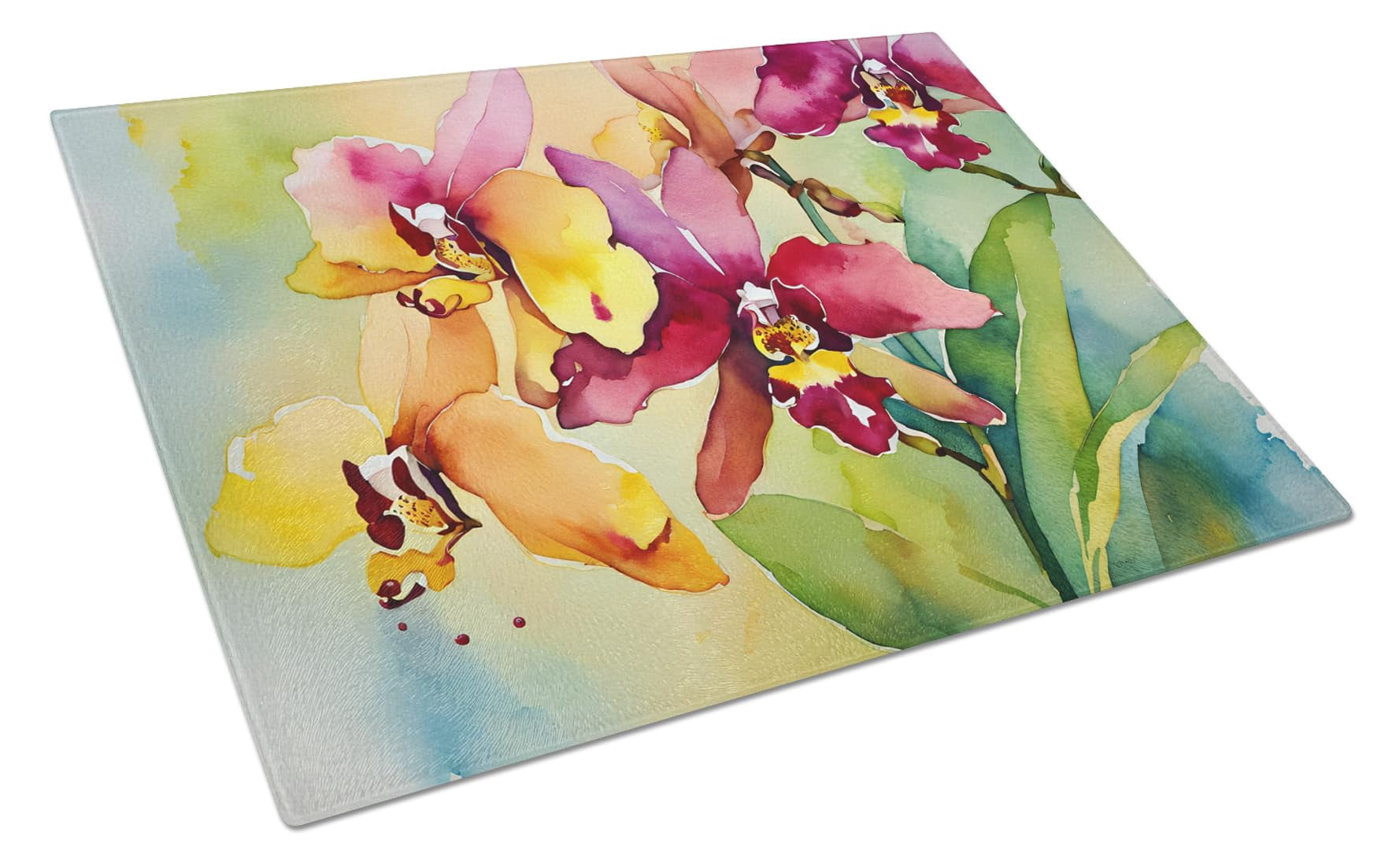 Orchids in Watercolor Glass Cutting Board Large 12 in x 15 in