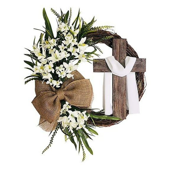 Orchip Easter Wreath, Easter Cross Wreaths with Burlap Bow Lily Decor, Spring Wreaths for Front Door, Simulation Plant Grapevine Garland Holiday Home Decor Wall Hanging Ornaments