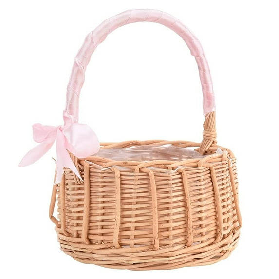 Orchip Rattan Flower Basket, Handwoven Basket Wedding Flower Girl Baskets with Handle and Ribbon Bow for Storage, Petal Basket Candy Storage Basket , Rattan Box for Home Decoration