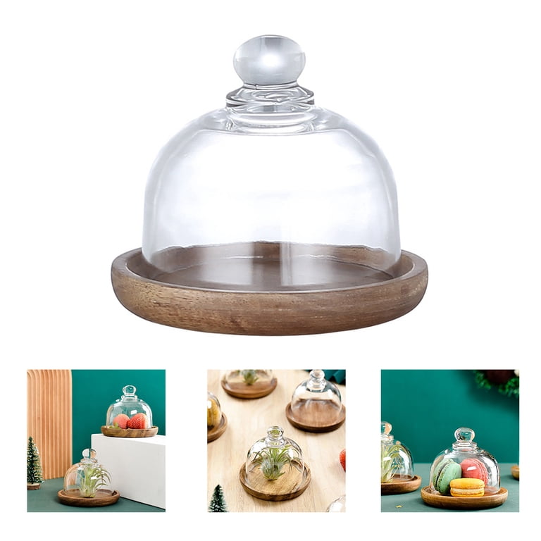 Orchip Round Acacia Wood Dessert Turntable, Glass Dome Lid, Cake