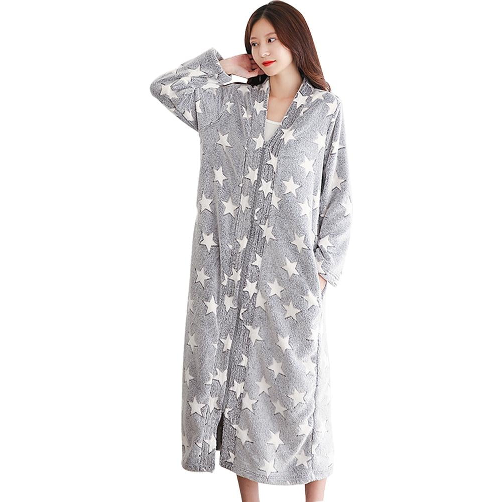 Orchip Winter Women's Zip up Front Fleece Robe Warm Soft Loose V-Neck ...