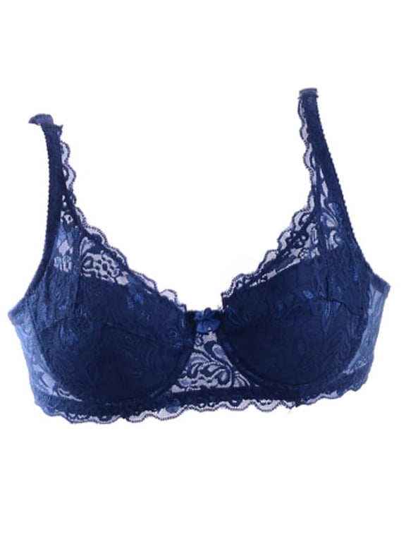 Women's Double Breasted Brassiere Underwire Lace Push Up Bra, Dark Blue
