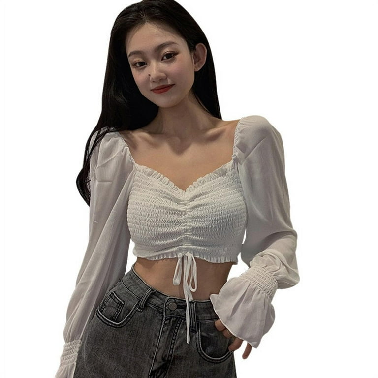 Orchip Women's Puff Long Sleeve Tube Off Shoulder Crop Top, Female Pleated  Chiffon Smocked Blouse