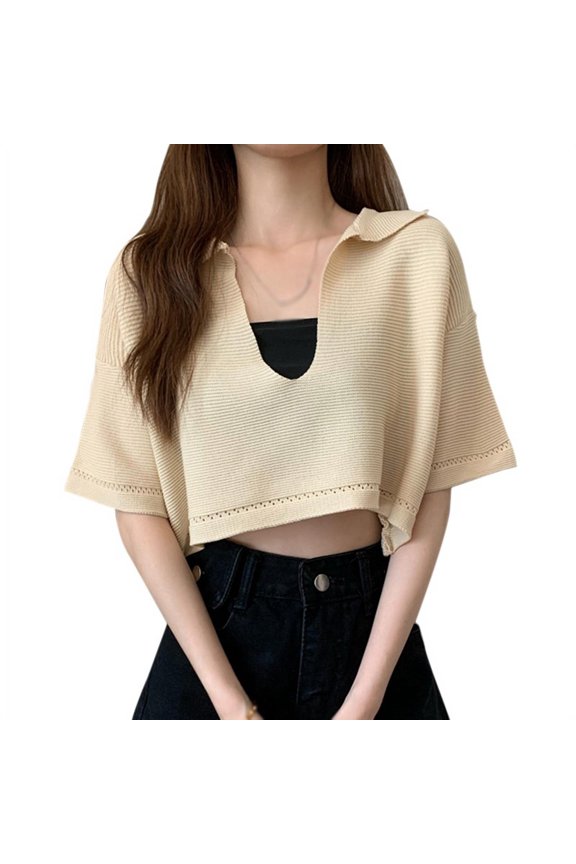Women's Summer Short Sleeve Sweater Shirt, Female V Neck Crop Tops Knit Navel Exposed Pullover Sweaters