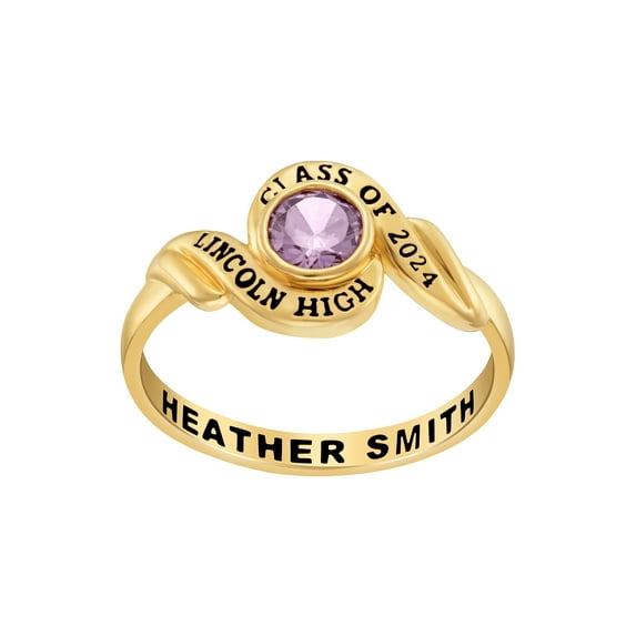 Order Now for 2025 Graduation, Freestyle Women's 14k Gold Plated Swirl Bypass Round Birthstone Class Ring, Personalized, High School or College Graduation