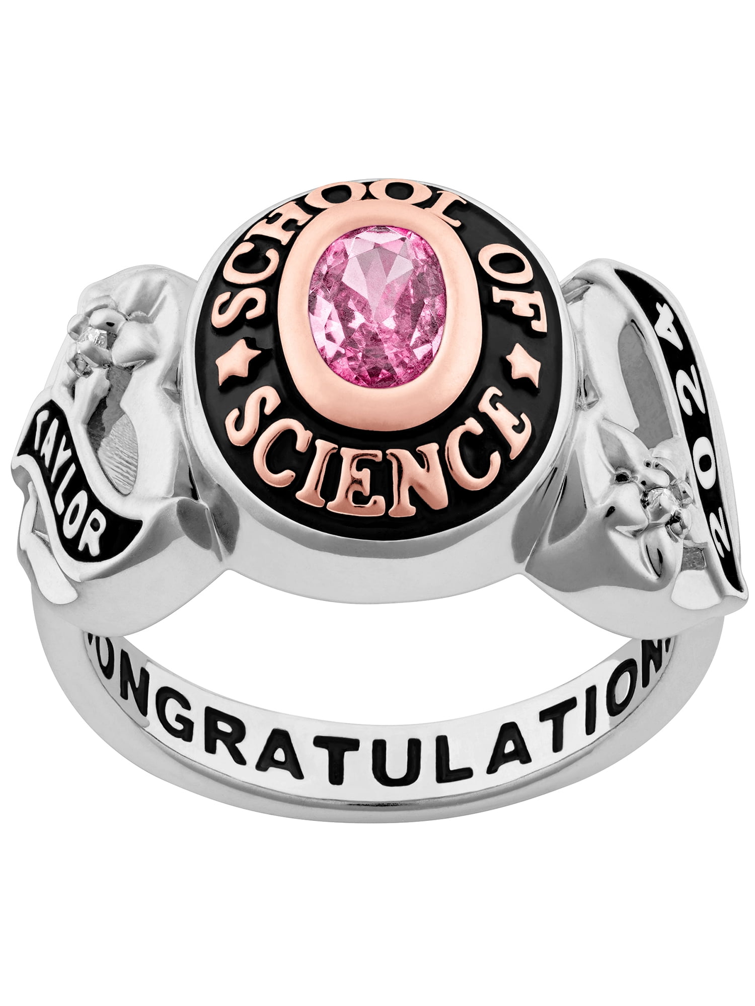 Order Now for 2025 Graduation, Freestyle Women's Sterling Silver and 14K Rose Gold Plated Sweetheart Birthstone Class Ring, Personalized, High School or College Graduation