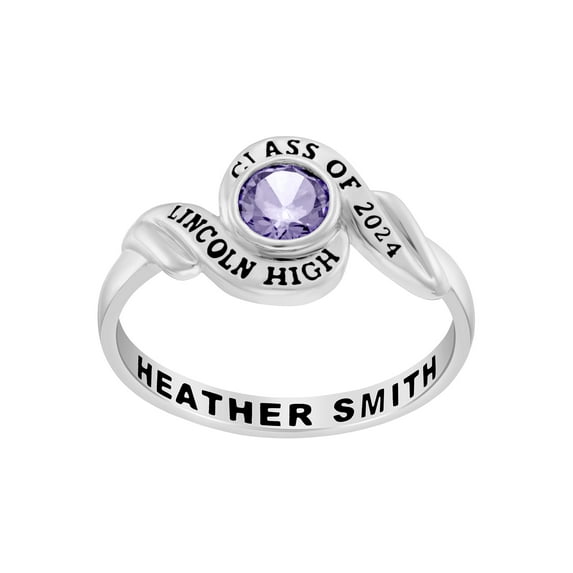 Order Now for 2025 Graduation, Freestyle Women's Sterling Silver Swirl Bypass Round Birthstone Class Ring, Personalized, High School or College Graduation
