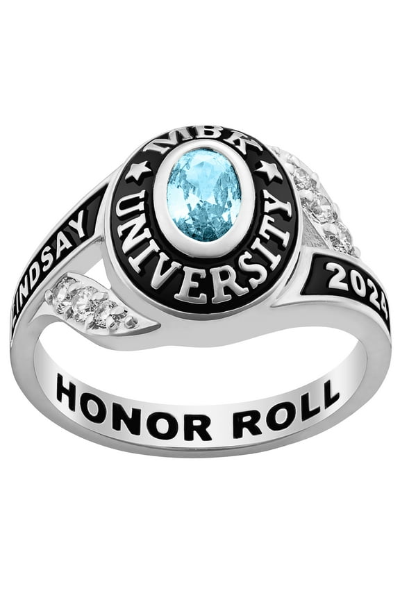 Order Now for 2025 Graduation, Freestyle Bypass Ring Oval Gemstone Class Ring in Platinum Plated Celebrium