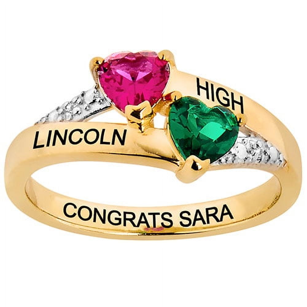 Order Now for 2025 Graduation, Freestyle Double Birthstone Heart Diamond Accent Class Ring Sterling Silver, Personalized, High School or College
