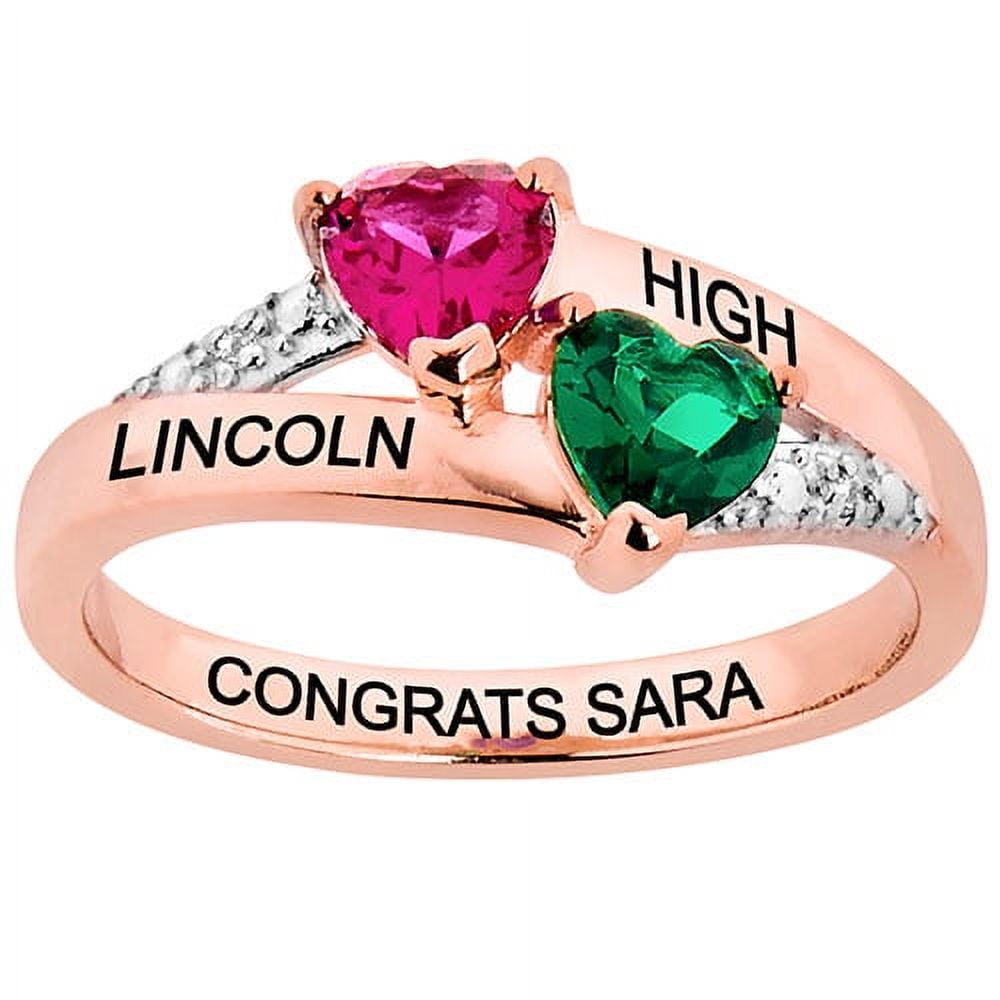 Order Now for 2025 Graduation, Freestyle Double Birthstone Heart Diamond Accent Class Ring Sterling Silver, Personalized, High School or College