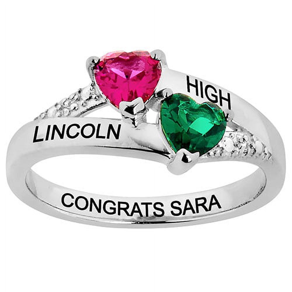 Order Now for 2025 Graduation, Freestyle Double Birthstone Heart Diamond Accent Class Ring Sterling Silver, Personalized, High School or College