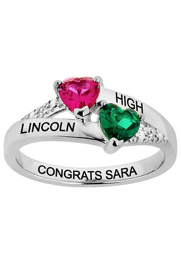Order Now for 2025 Graduation, Freestyle Double Birthstone Heart Diamond Accent Class Ring Sterling Silver, Personalized, High School or College
